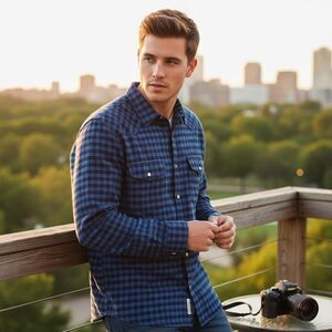 LUCKY BRAND Standard Stretch Navy/Blue Plaid Fleece Flannel Men's Shirt Size XL